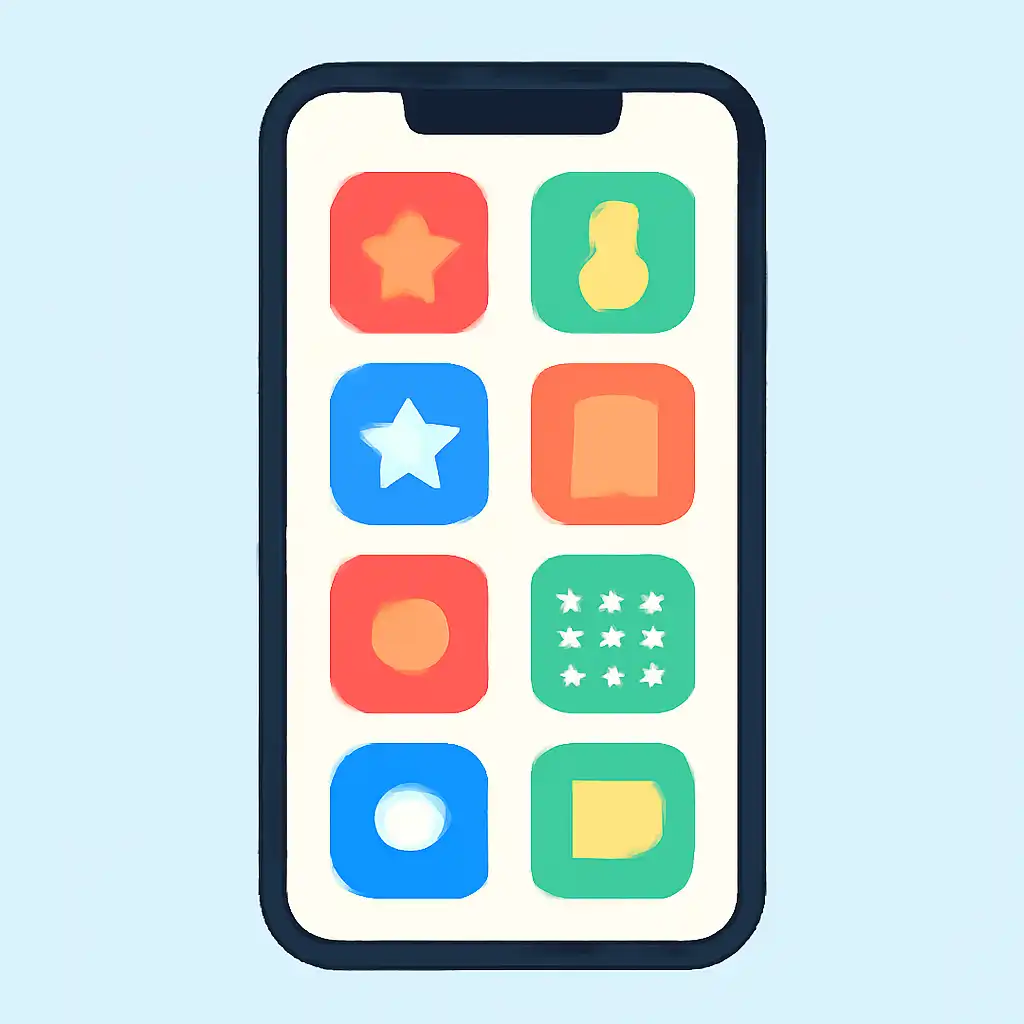 Smartphone shown from the front displaying a colourful flat layout of abstract game icons and rounded tiles (no text, no letters, no labels), Sikkim Game