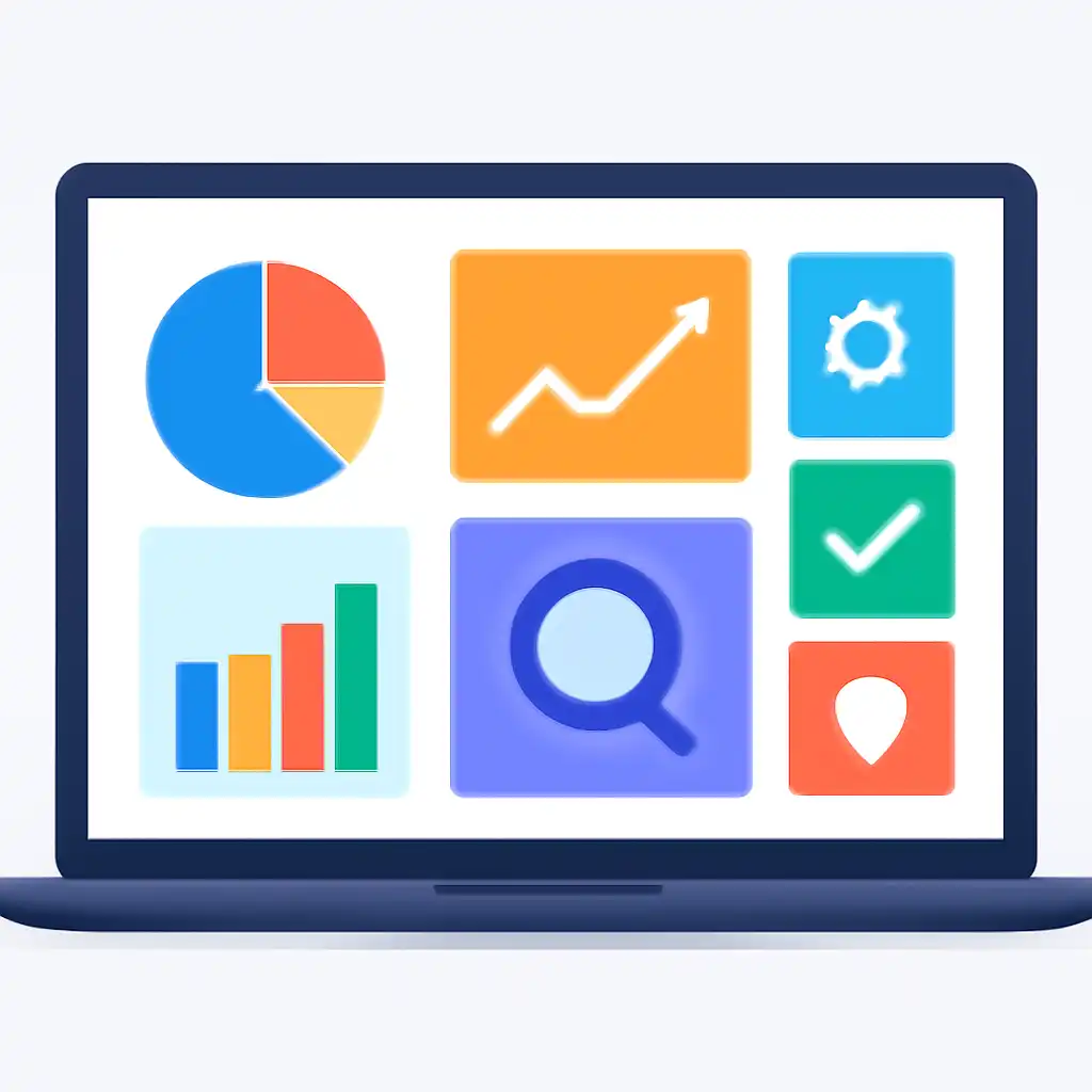 Laptop shown from the front displaying a colourful flat dashboard of abstract charts, bars and icon tiles (no text, no letters, no labels), Sikkim Game