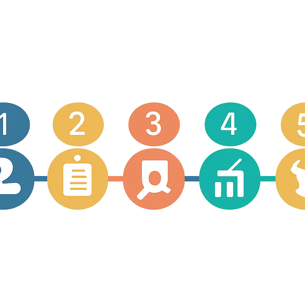 Five numbered circular icons connected by arrows in a horizontal flow, flat illustration, icons only, no words, Sikkim Game steps