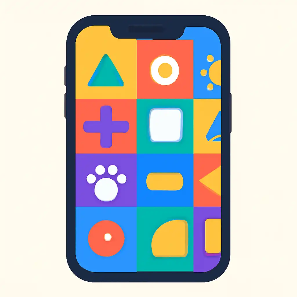 Smartphone shown from the front displaying a colourful flat layout of abstract game icons and rounded tiles (no text, no letters, no labels), Invitationcode