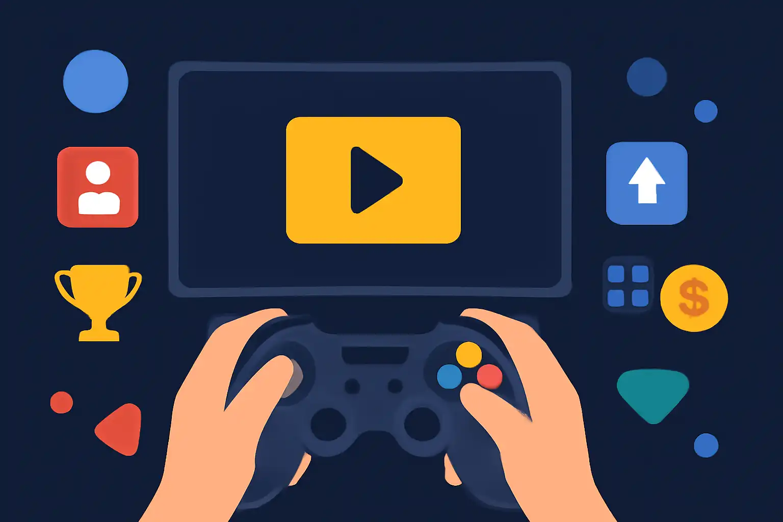 Hero illustration: Game, modern flat design, dark background, brand-neutral, icons and shapes only, no text