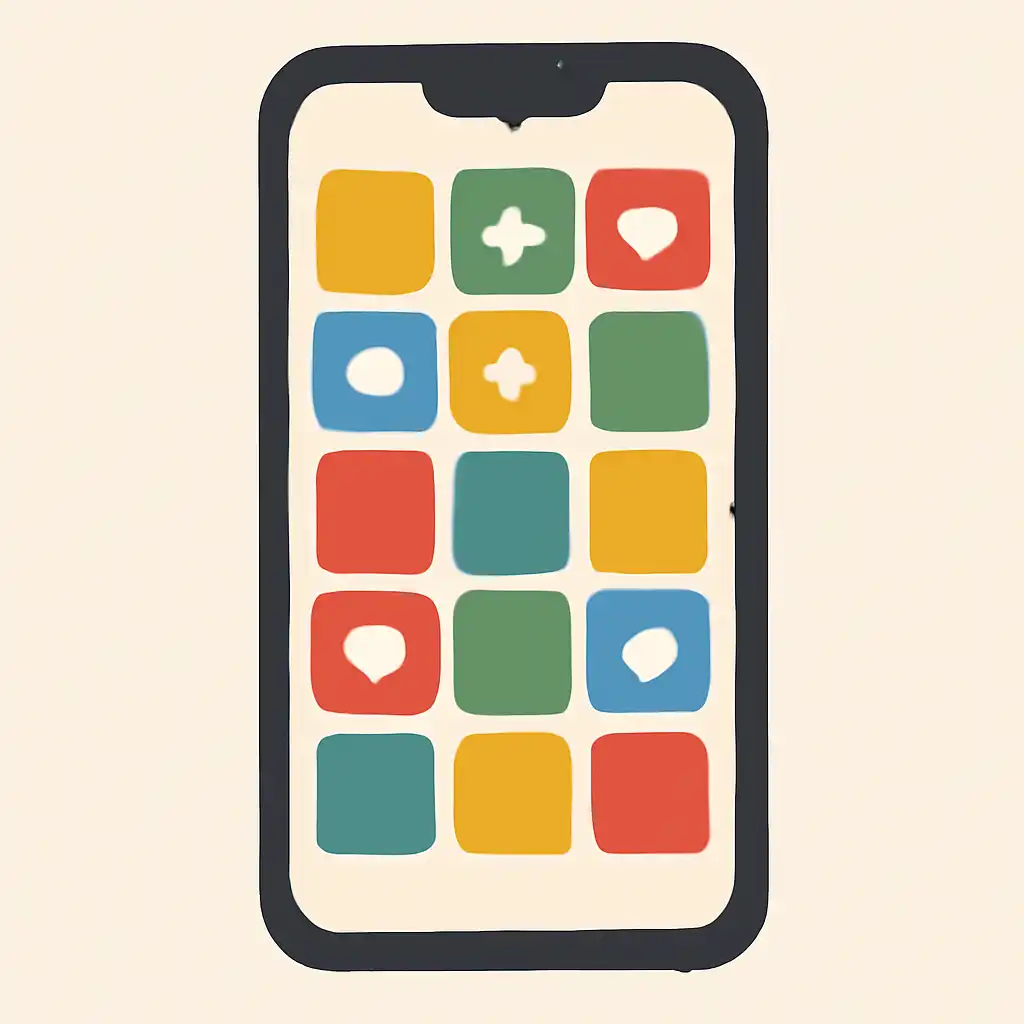 Smartphone shown from the front displaying a colourful flat layout of abstract game icons and rounded tiles (no text, no letters, no labels), Game