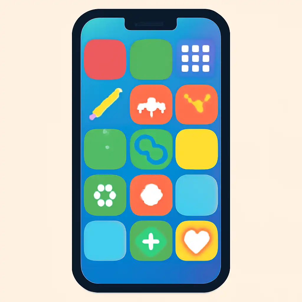 Smartphone shown from the front displaying a colourful flat layout of abstract game icons and rounded tiles (no text, no letters, no labels), Indian