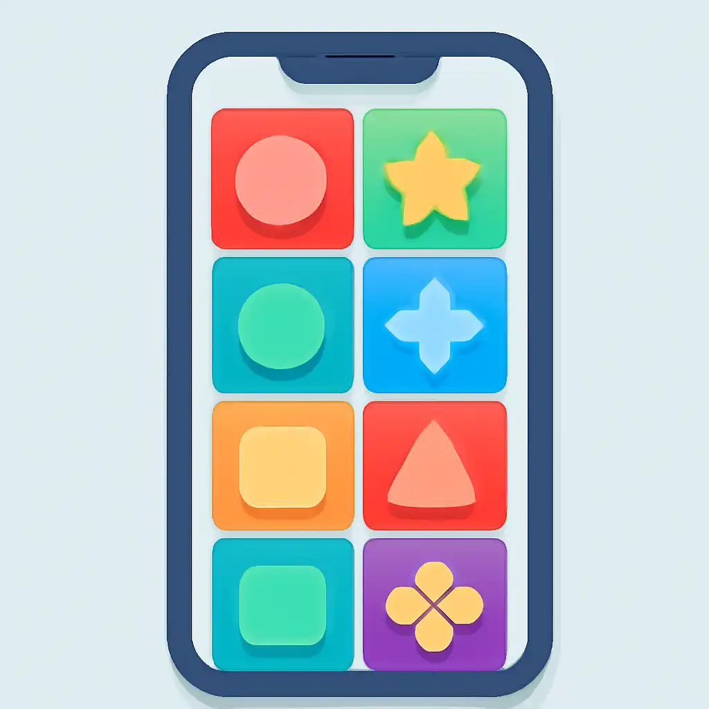 Smartphone shown from the front displaying a colourful flat layout of abstract game icons and rounded tiles (no text, no letters, no labels), Reality